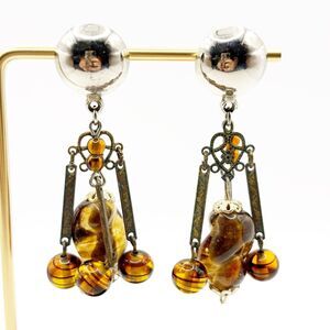 Vintage Tiger Eye Amber Dangle Pierced Earrings Silver Tone